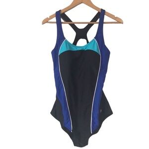 Roots 73 black blue one piece swimsuit cut out back size 14